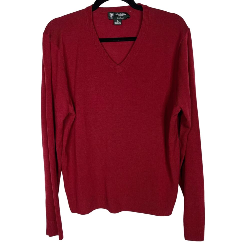 Brooks Brothers Mens Medium Red Saxxon Wool V Neck Sweater Pullover Lightweight